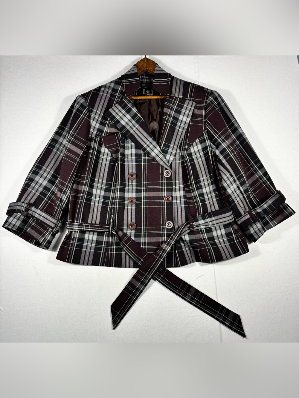 Signature Larry Levine Women’s 18W Plaid Cropped Jacket Waist Tie Black & Gray